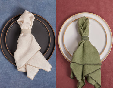 A collage of table settings with different coloured Loop Napkins