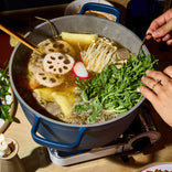 blue perfect pot non toxic nonstick dutch oven with soup on burner