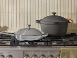 Two  cookware items on a gas stove with a neutral background