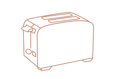 Line drawing of a two-slot toaster, shown from an angle with the lever and buttons visible on the side.