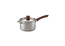 A stainless steel saucepan with a glass lid and a brown handle, pictured against a plain white background.