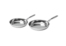 Two stainless steel frying pans with long handles displayed on a plain white background.