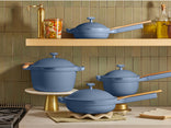 blue cookware set - perfect pot, always pan, mini always pan and mini perfect pot on counter