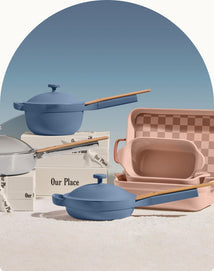 shop gifts over $200 - ultimate cookware set, chrome titanium always pan pro, blue mini perfect pot, mini always pan and pink bakeware set