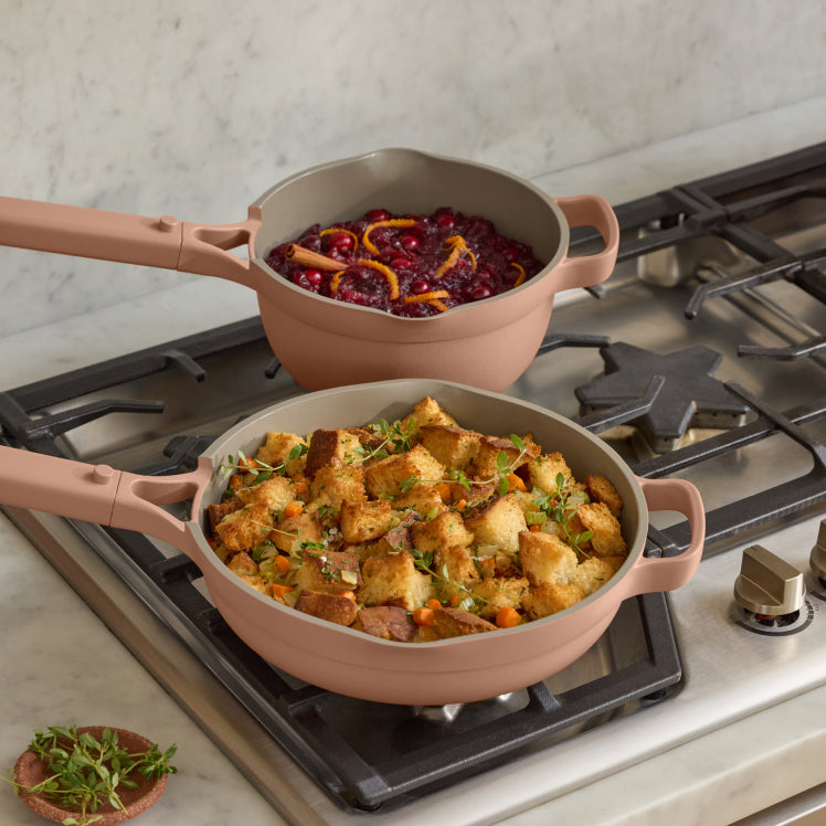 pink always pan and pink mini perfect pot on stove