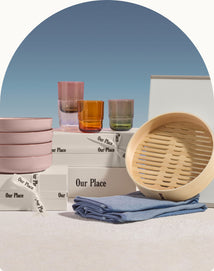 shop our place gifts under $50 - pink dinner bowls, drinking glasses, spruce steamer, beige daily board, and blue double dish towels