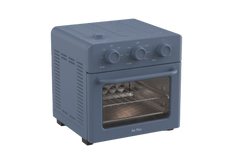 A blue countertop toaster oven with three control knobs and a clear front window, showing wire racks inside.