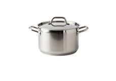 A stainless steel pot with two side handles and a lid, set against a plain white background.