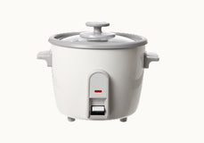 A white electric rice cooker with a gray lid and handles, shown against a plain background.