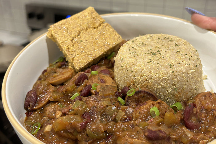 Vegan Red Beans & Quinoa With Plant-Based Cornbread
