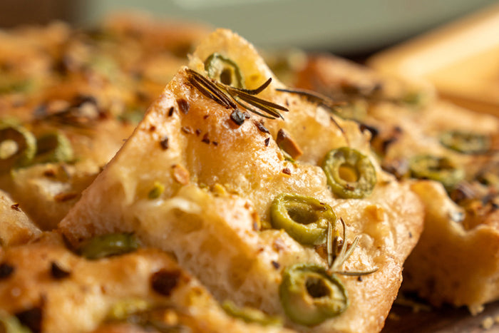 Easy No-Knead Olive and Pistachio Focaccia