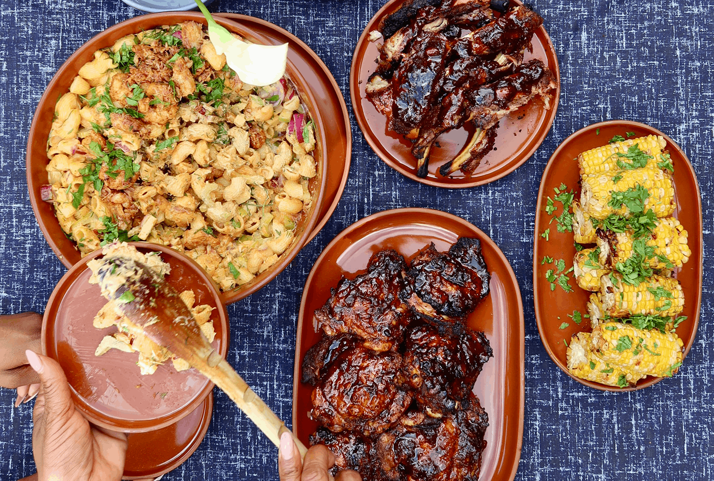 Seafood Pasta Salad & Baked Ribs with Strawberry Barbecue Sauce–Our Place