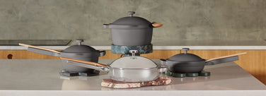Our Place - Black Friday Sale - Cookware Collection Page - Always Pan in Blue Salt, Always Pan in Spice, Always Pan in Sage, Tagine in Midnight Marble and Spruce Steamer
