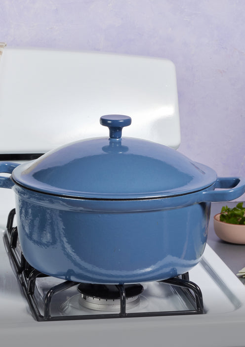 blue salt cast iron perfect pot on stove