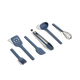 A set of six blue kitchen utensils, including a spatula, slotted turner, scraper, tongs, ladle, and whisk, arranged in a row on a plain background.