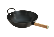 Black wok with a wooden handle on a white background
