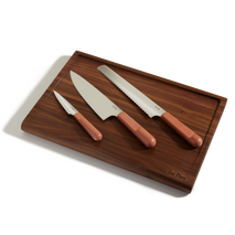 Pink Serrated Slicing Knife Everyday Chefs Knife Perfect Paring Knife and Walnut Cutting Board bundle