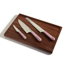 Purple Serrated Slicing Knife Everyday Chefs Knife Perfect Paring Knife and Walnut Cutting Board bundle