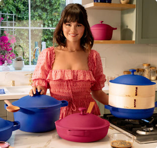 Our Place x Selena Gomez collection full of azul perfect pot and rosa always pan