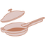Illustration of a frying pan with a handle, a spatula inside, and a lid positioned above the pan.