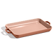 Rectangular pink ceramic baking dish with two side handles, shown on a plain white background.