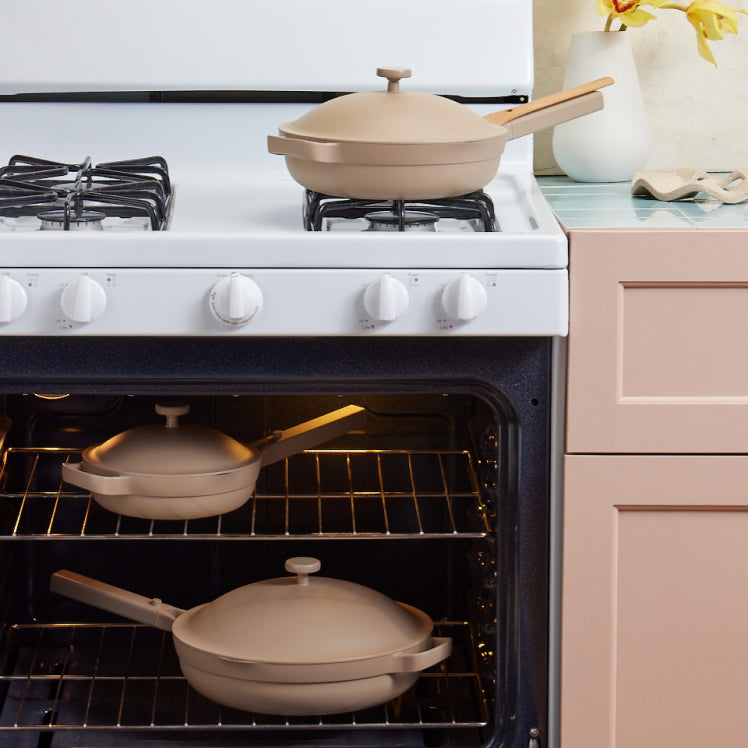 beige always pan on a stovetop mini and large always pan in an oven