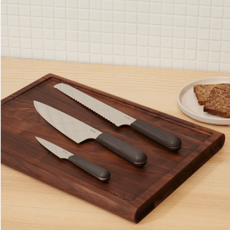 Black Knife Trio on top of the Walnut Cutting Board