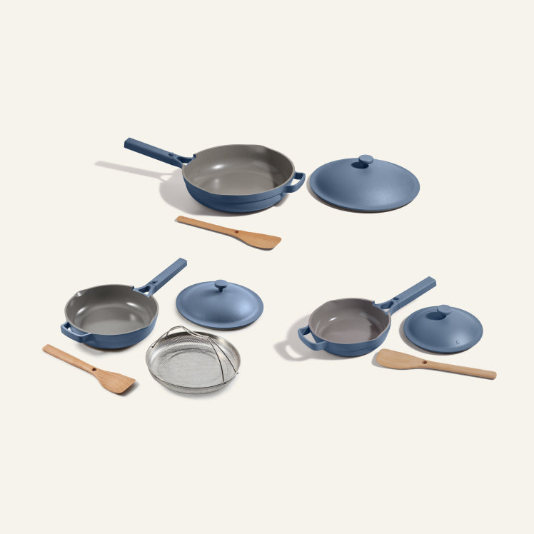 blue always pan, mini always pan, large always pan bundle with steamers and spatulas