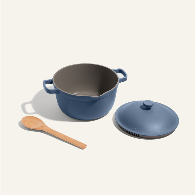 Blue Perfect Pot with notched Beechwood Spoon