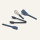 Four blue Mini Utensil Essentials—a spatula, tongs, whisk, and slotted turner—are arranged on a plain off-white background.