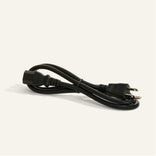 A black power cord with a two-prong plug on one end and a rectangular connector on the other, coiled on a light background.