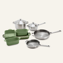 Titanium Pro Cookware + Bakeware Set (2.0) featuring stainless steel cookware, green ceramic bakeware, and a checkered tray.