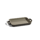 Rectangular ceramic baking dish with two handles, beige interior, and dark exterior, shown on a plain white background.