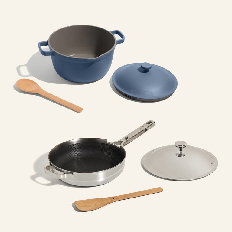 Chrome Titanium Always Pan Pro and blue Perfect Pot bundle with accessories