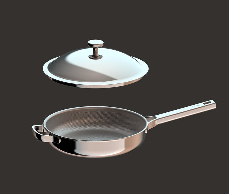 A stainless steel frying pan with a matching lid hovering above it.