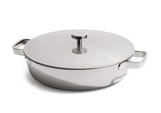 Stainless steel casserole dish with a lid and two handles, shown on a plain white background.