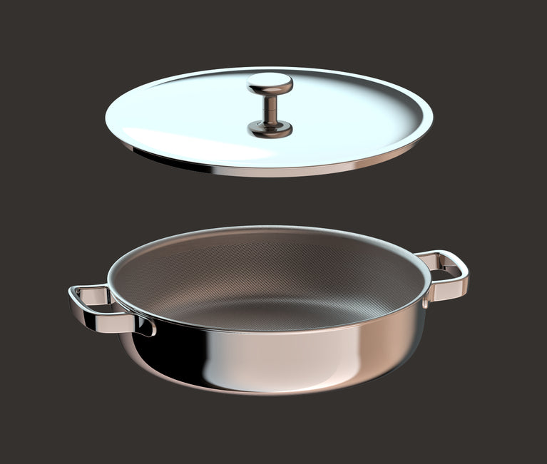 A stainless steel pot with two handles, shown with its matching lid floating above it, both set against a plain dark background.