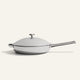 A silver-colored Titanium Always Pan® Pro 32 cm (2.0) stainless steel frying pan with a matching lid and a long handle.