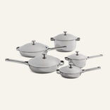 The Titanium Pro Cookware Set+ includes five stainless steel pieces—two saucepans, a stockpot, sauté pan, and skillet—each with a matching lid, all stylishly displayed on a light surface.