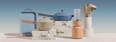 shop our place gifts under $100 - mini griddle pan, mini perfect pot, always pan, splendor blender, and utensil essentials