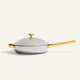 A white Titanium Always Pan® Pro 32 cm (2.0) with a lid, featuring gold handles and a gold knob.