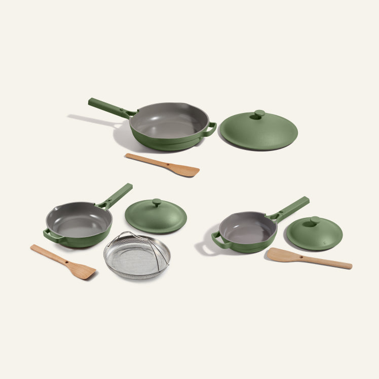 green always pan, mini always pan, large always pan bundle with steamers and spatulas