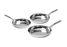 Three stainless steel frying pans of different sizes are arranged on a white background.