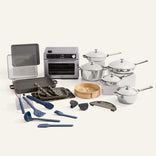 Collection of kitchen cookware and utensils on a white background