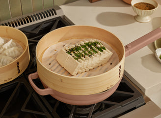 bamboo spruce steamer on pink always pan on stove