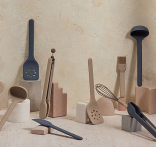 beige and blue utensil essentials