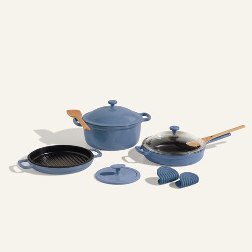 Blue Cast Iron Always Pan, Perfect Pot, Hot Grill, Grill Press, Hot Grips with Spatulas