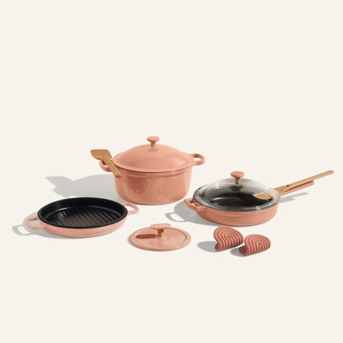 pink Cast Iron Always Pan, Perfect Pot, Hot Grill, Grill Press, Hot Grips with Spatulas