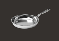 A stainless steel frying pan with a long handle.