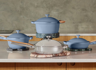 blue cookware set - mini always pan, mini perfect pot, perfect pot and chrome titanium always pan pro